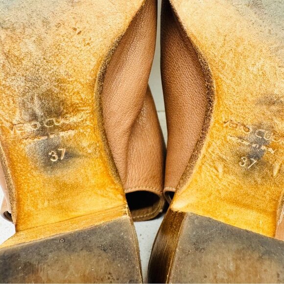 Mimosa Tan Camel Genuine Soft Leather Shoes Peep Toe Stacked Heel Sandals Sz 37 - Picture 10 of 15